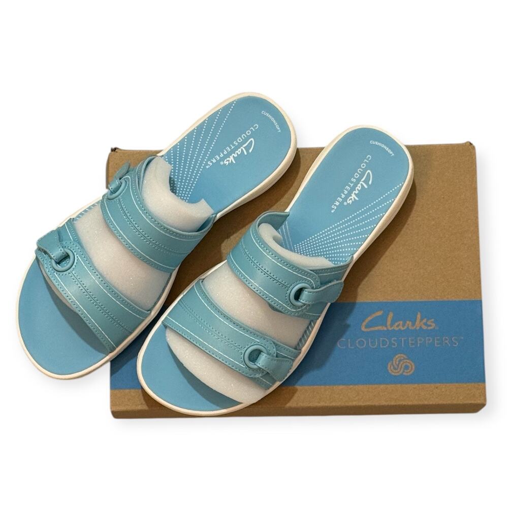 NEW Clarks 9 Breeze Maye Sky Blue Sandals Slide Cloudsteppers Comfort Walking - Picture 2 of 11